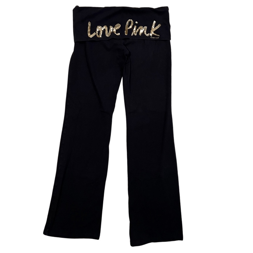 PINK VS Fold Over Boot Cut Yoga Pants Size L gold sequin detail on back